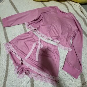 Women’s Pink Ruffle Lounge Set - Long Sleeve Top & Shorts